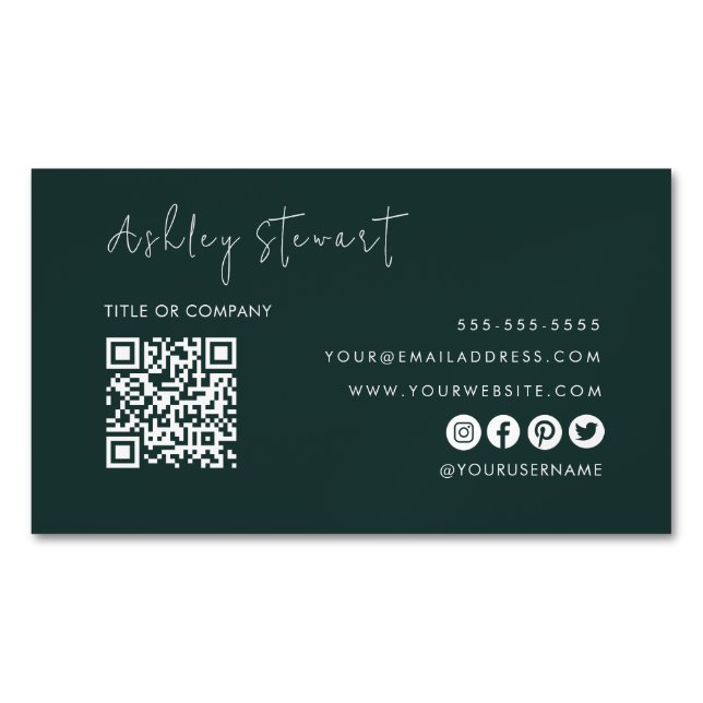 Professional Qr Code Modern Minimalist Dark Green Magnetic Business Card (Front)