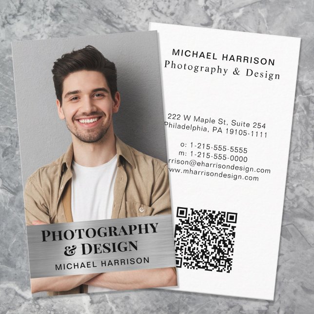Professional QR Code Photo Silver Business Card (Input your website address to create a scannable QR code)