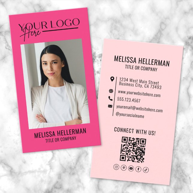 Professional QR Code Pink Photo Logo Vertical Business Card (Professional QR Code Pink Photo Logo Vertical Business Card)