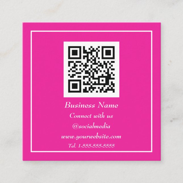 Professional QR Code Scannable Hot pink Square Business Card (Front)
