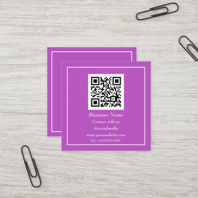 Professional QR Code Scannable Purple Modern Square Business Card (Front/Back In Situ)