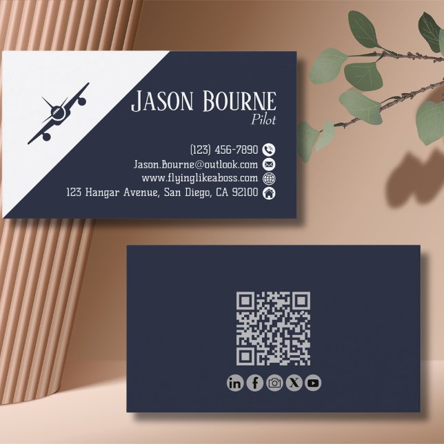 Professional, QR Code & Social Media,Aviation,Blue Business Card (Creator Uploaded)