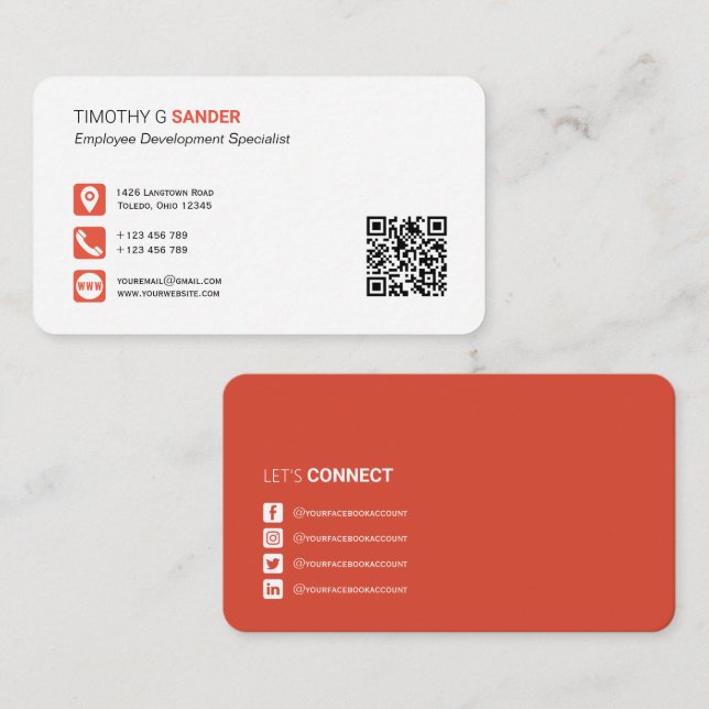 Professional QR code social media network orange B Business Card (Front/Back)