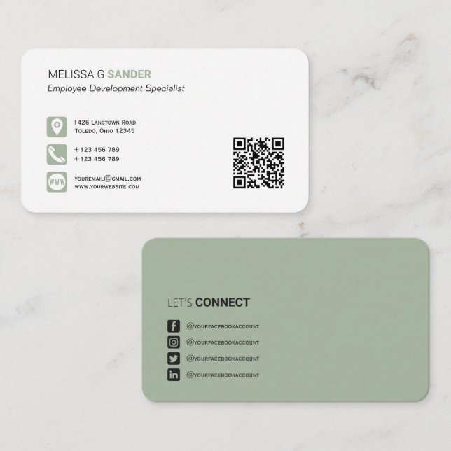 Professional QR code social media sage green Busin Business Card (Front/Back)