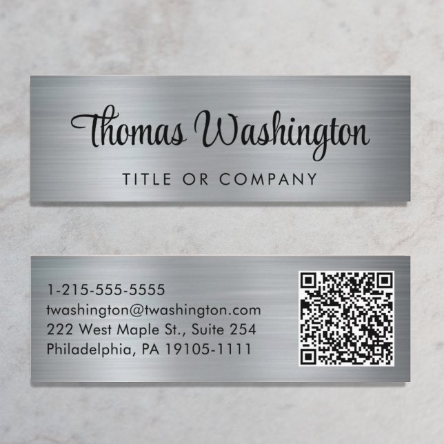 Professional QR Code Stylish Script Silver Mini Business Card (Creator Uploaded)