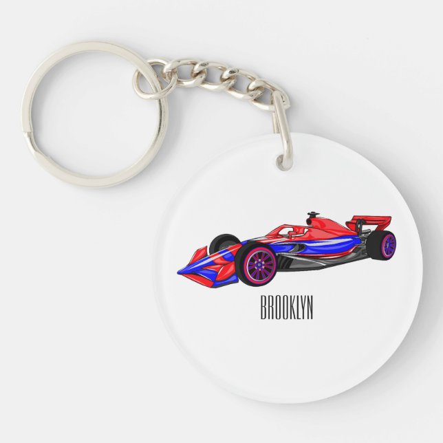 Professional racing car cartoon illustration key ring (Front)