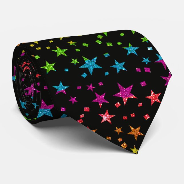 Professional Rainbow Glitter Stars Groom Black Tie (Rolled)