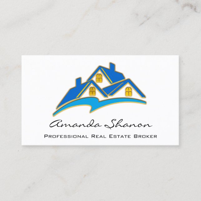 Professional Real Estate Broker Agent Blue  Gold Business Card (Front)