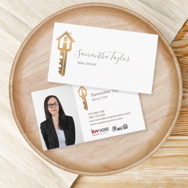 Professional Realtor Real Estate Add Photo Key Bus Business Card (realtor gold key with a house)