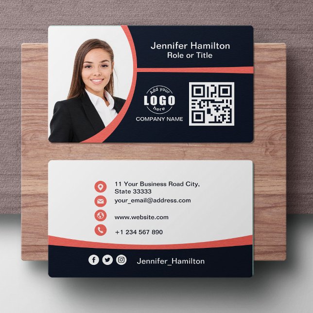Professional  Red add your Logo QR Code Business Card (Creator Uploaded)