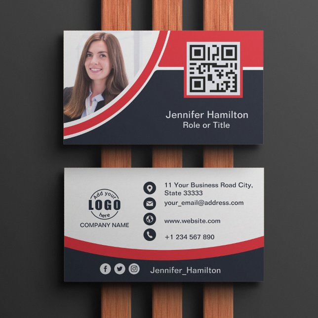 Professional Red add your Logo QR Code Photo Business Card (Creator Uploaded)