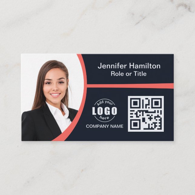 Professional Red add your Logo QR Code Photo Business Card (Front)