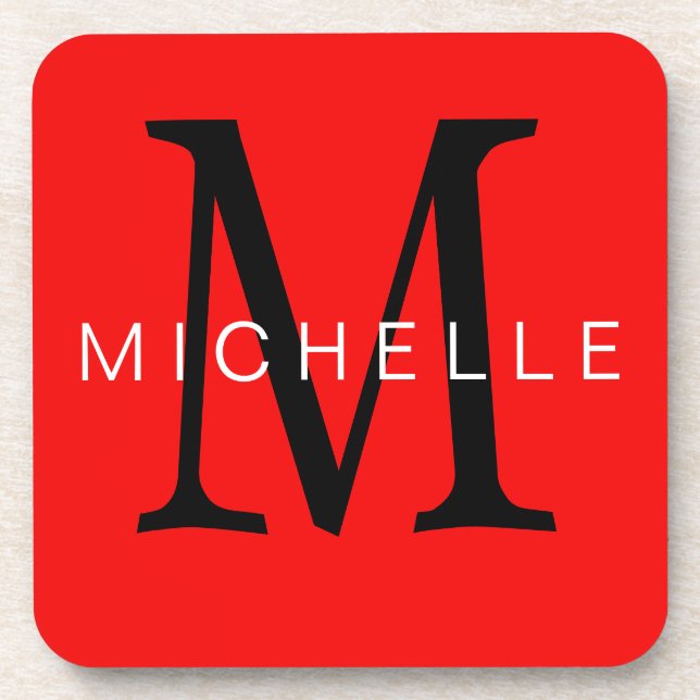 Professional Red Black Monogram Your Name Coaster (Front)