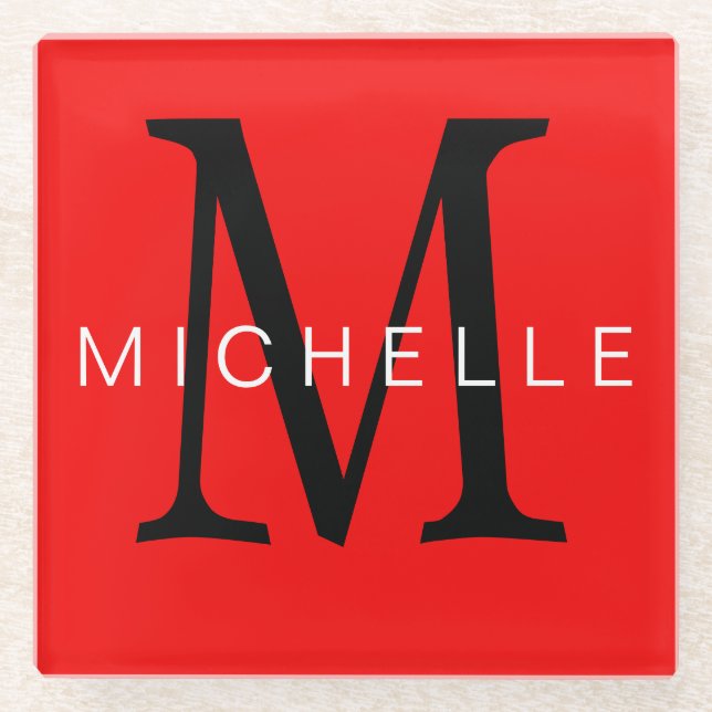 Professional Red Black Monogram Your Name Glass Coaster (Front)
