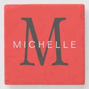 Professional Red Black Monogram Your Name Stone Coaster