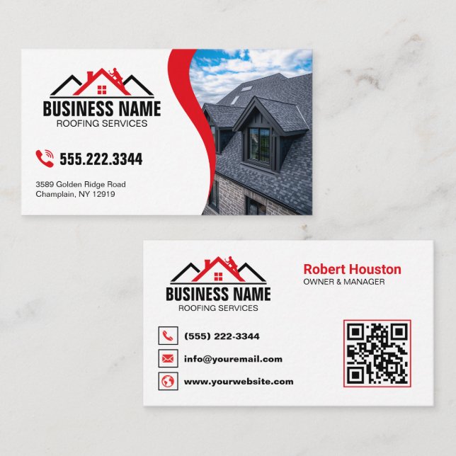 Professional Red Roofing Services QR Code Business Card (Front/Back)