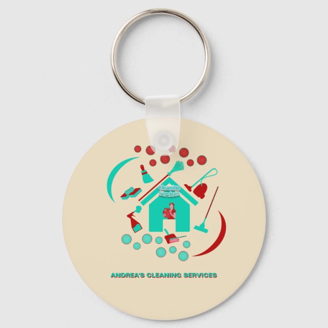 Professional Red & Teal Cleaning Services Logo Key Ring (Front)