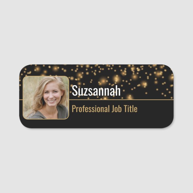 Professional Replaceable Photo Black & Gold Bokeh  Name Tag (Front)