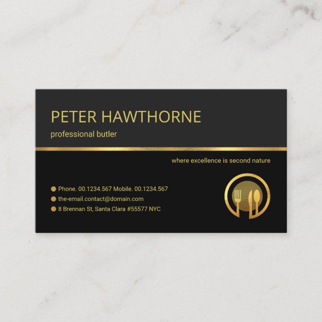 Professional Retro Gold Line, Butler Service Business Card (Front)
