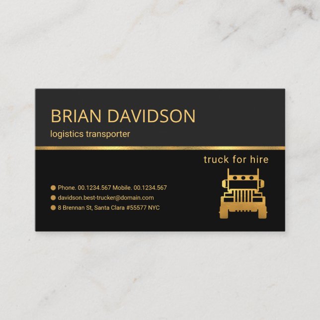 Professional Retro Gold Line Grey Shade Trucking Business Card (Front)