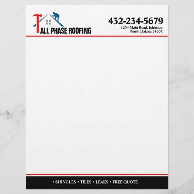 Professional Roofing Service Custom Letterhead (Front)