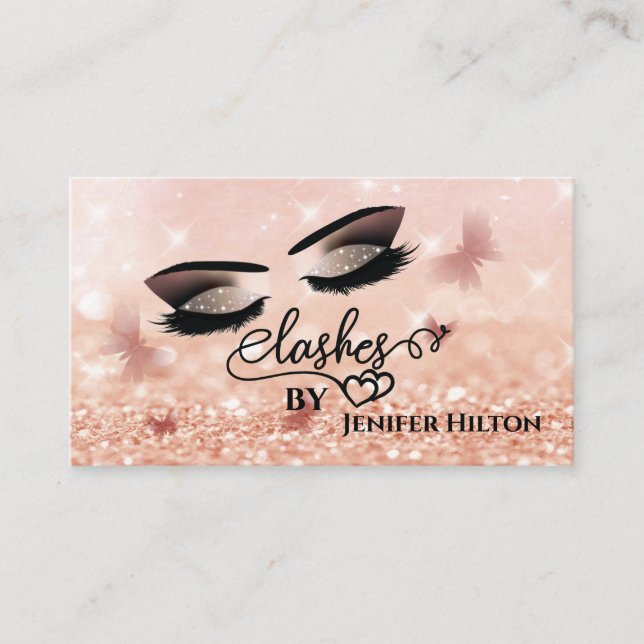 Professional rose gold bokeh butterfly makeup business card (Front)