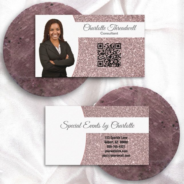 Professional Rose Gold Glitter Custom Photo QR Business Card (Creator Uploaded)