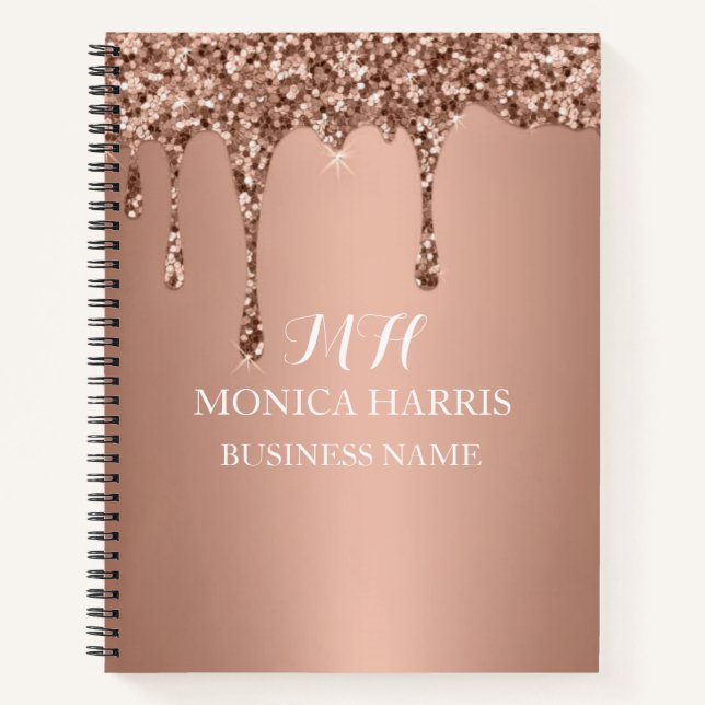Professional Rose Gold Glitter Monogram Initial Notebook (Front)