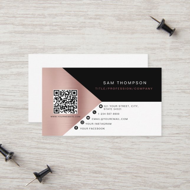Professional Rose Gold QR Code Modern Business Calling Card (Front/Back In Situ)