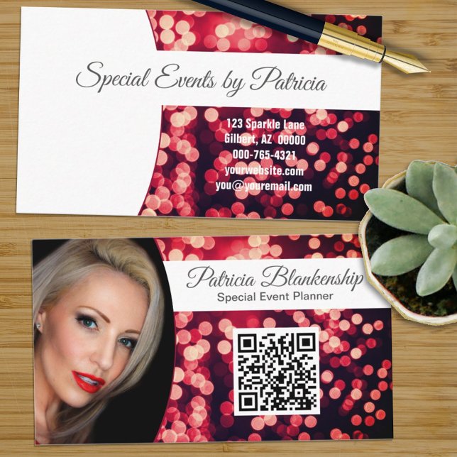 Professional Rosy Red Bokeh Custom Photo QR Business Card (Creator Uploaded)