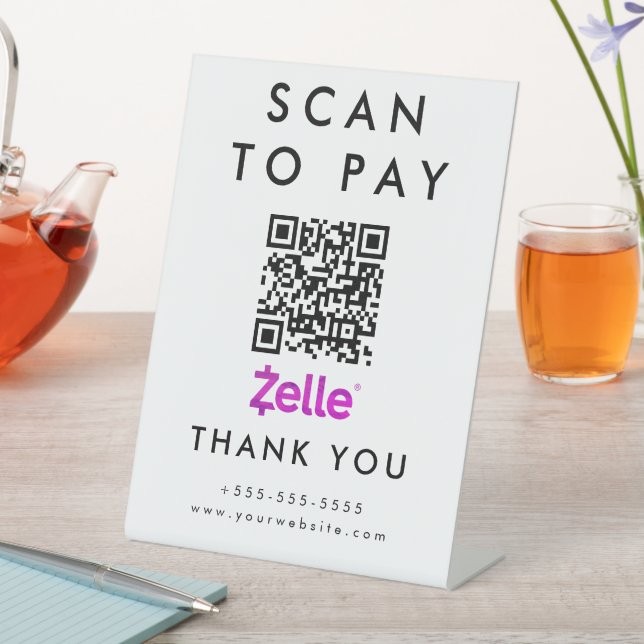 Professional Scan to Pay Zelle QR Code White Pedestal Sign (In SItu)