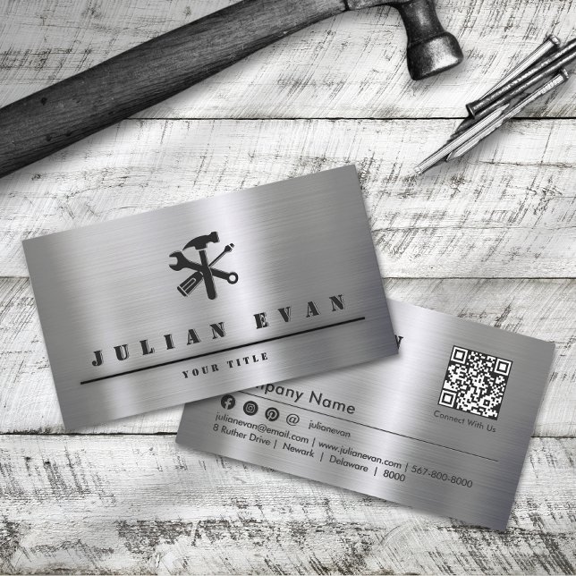 Professional Shiny Brushed Metal Handyman Tool Business Card (Professional Shiny Brushed Metal Handyman Tool Business Card)