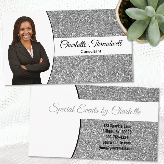 Professional Silver Glitter Custom Photo Business Card (Creator Uploaded)