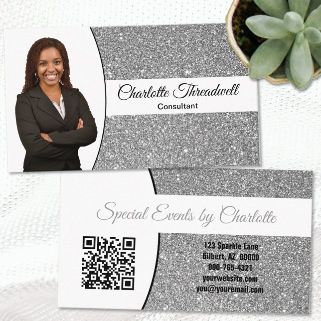 Professional Silver Glitter Custom Photo QR Code Business Card (Creator Uploaded)
