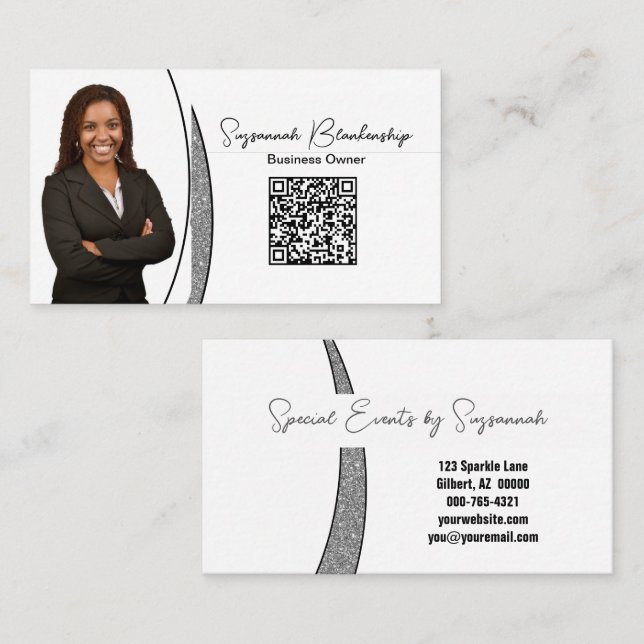 Professional Silver Sliver Faux Glitter Photo QR Business Card (Front/Back)