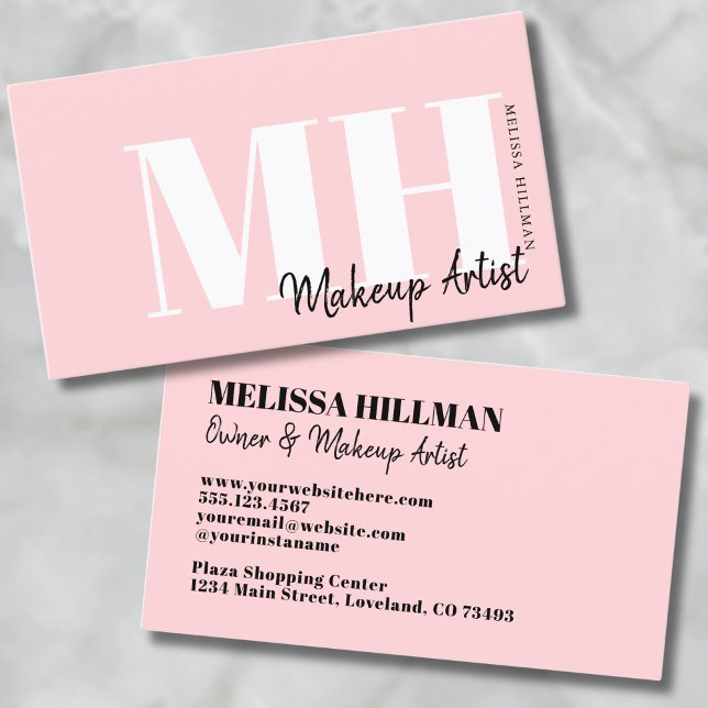 Professional Simple Blush Pink Monogram Business Card (Pink Professional Simple Modern Monogram Business Card)
