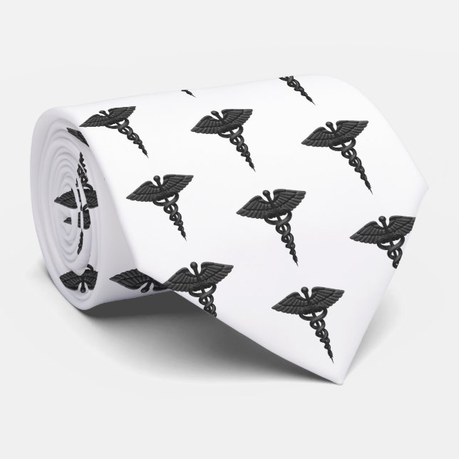 Professional Simple Medical Caduceus Black Pattern Tie (Rolled)