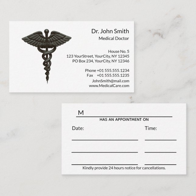 Professional Simple Medical Caduceus Black White Appointment Card (Front/Back)
