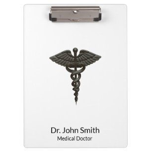 Professional Simple Medical Caduceus Black White Clipboard