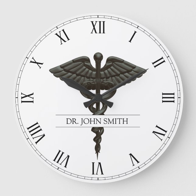 Professional Simple Medical Caduceus Black White Large Clock (Front)
