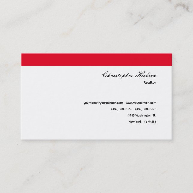 Professional Simple Plain Real Estate Red White Business Card (Front)