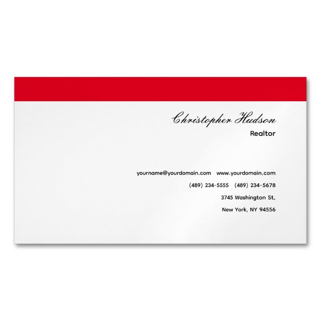 Professional Simple Plain Real Estate Red White Magnetic Business Card (Front)