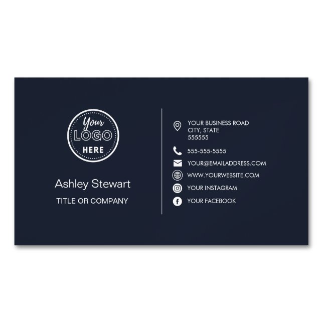 Professional Social media Logo Modern Navy Blue Magnetic Business Card (Front)