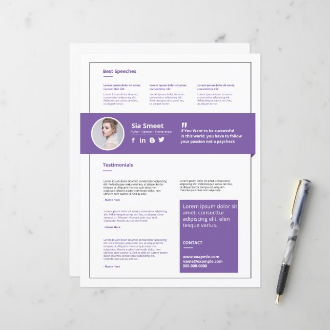 Professional Speaker One Sheet Template (Front/Back In Situ)