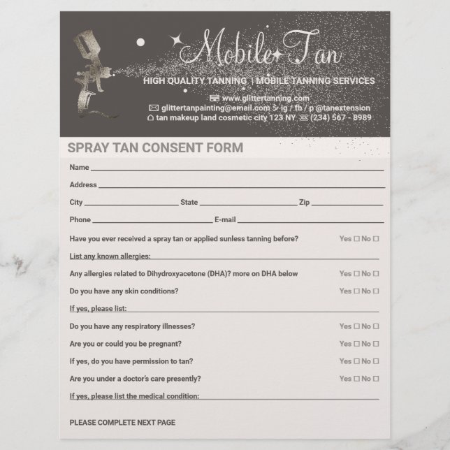 Professional Spray Tan Consent Business Plan Flyer (Front)