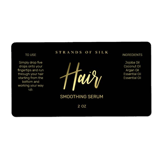 Professional Styled Black Gold Hair Serum Labels (Front)