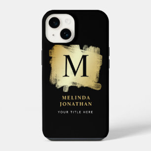 Professional Stylish Black Gold Brush Monogram iPhone 14 Case