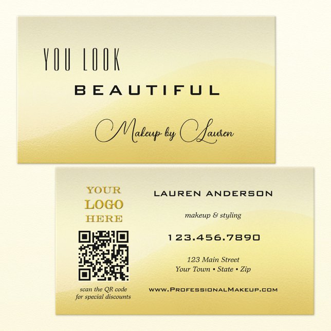 Professional Sunny Light Gold QR Code Beauty Business Card (Creator Uploaded)