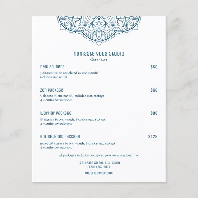 Professional Teal Yoga Class Custom Price List  (Front)