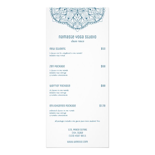 Professional Teal Yoga Class Rates Custom Photo Rack Card (Front)
